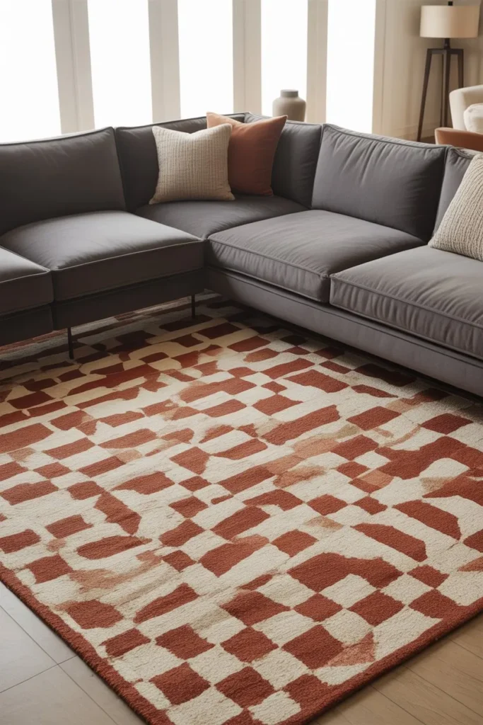 Grey Sofa Living Room with Patterned Rug