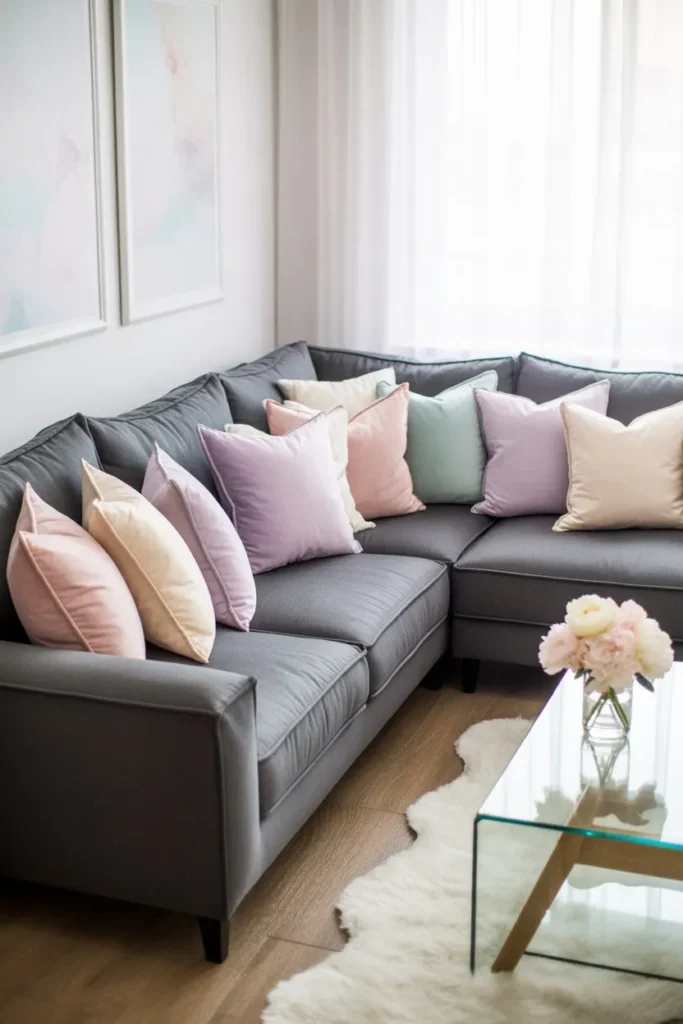 Grey Sofa Living Room with Soft Pastel Accents