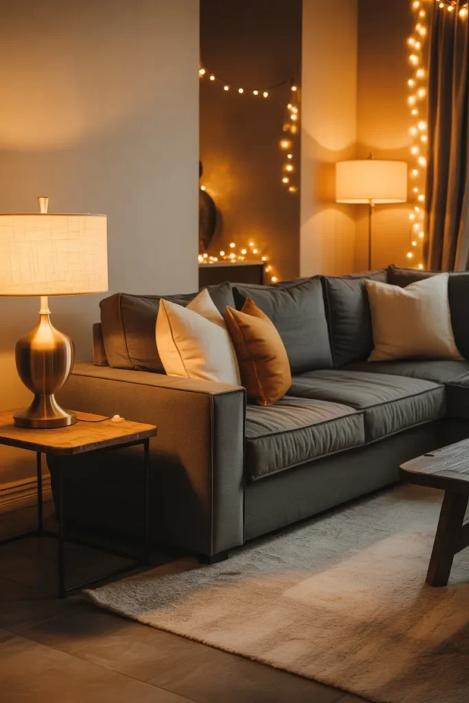 Grey Sofa Living Room with Warm Lighting Setup