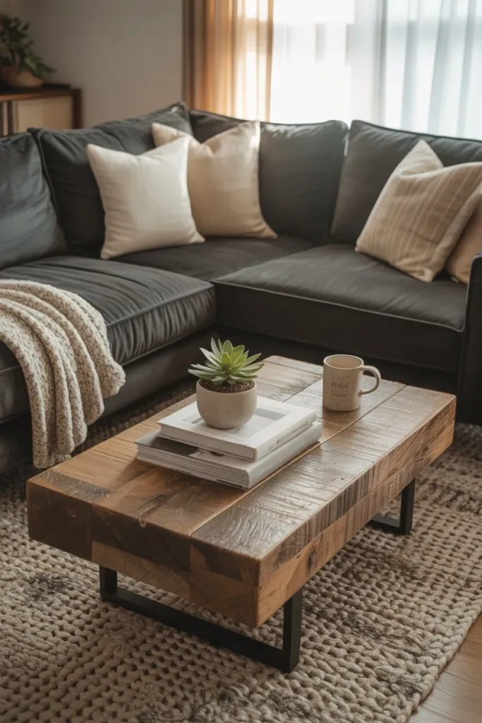 Grey Sofa Living Room with Wooden Coffee Table