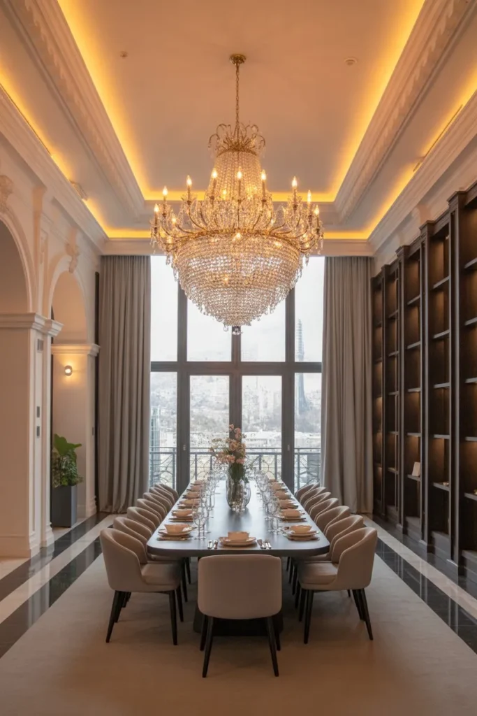 High Ceiling Dining Room with Dramatic Lighting