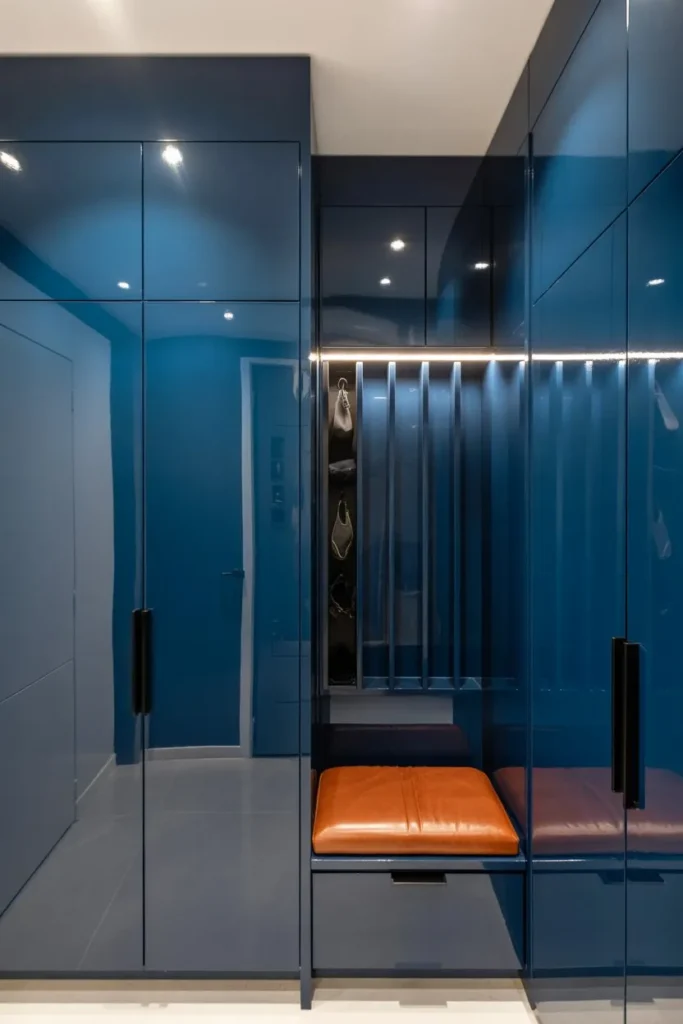 19 Mudroom Ideas for Small Spaces That Stay Organized High-Gloss Navy Built-in Wardrobe