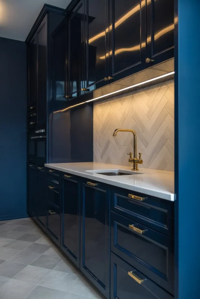 21 Narrow Kitchen Ideas to Maximize Every Inch Smartly High-Gloss Navy and Gold Sophistication