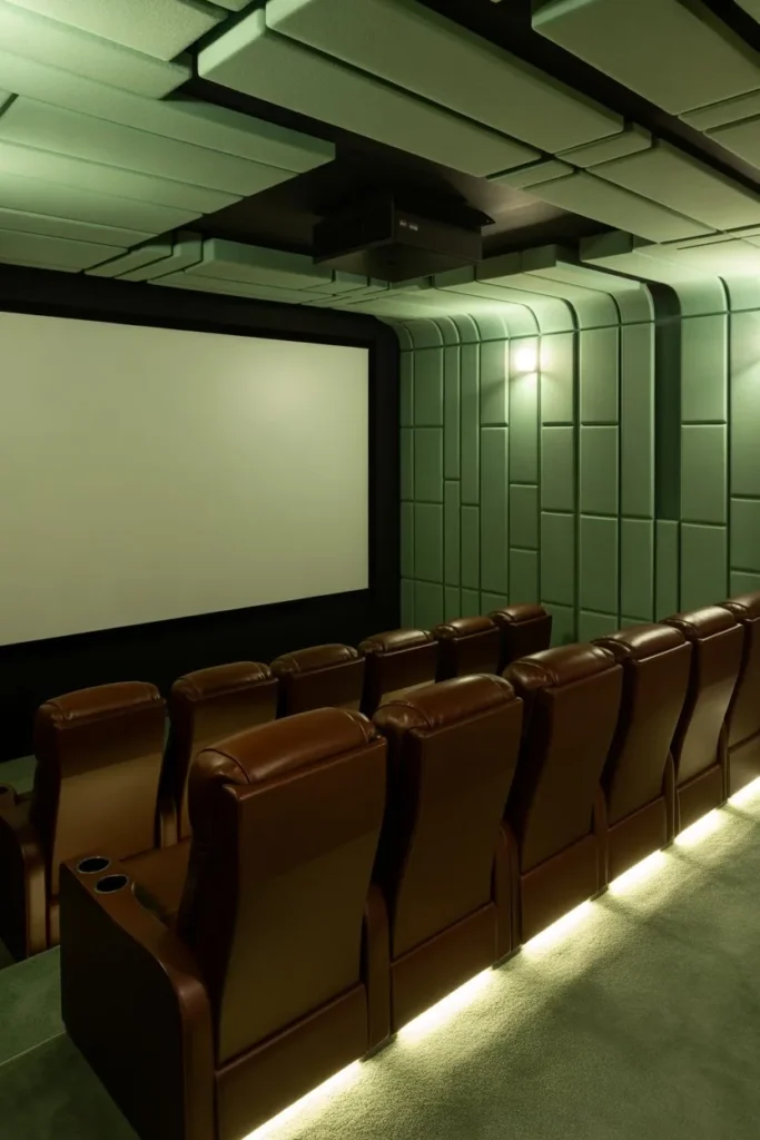 27 Sage Green Living Room Ideas for a Calm Aesthetic High-Tech Cinema Tier with Sage Lighting