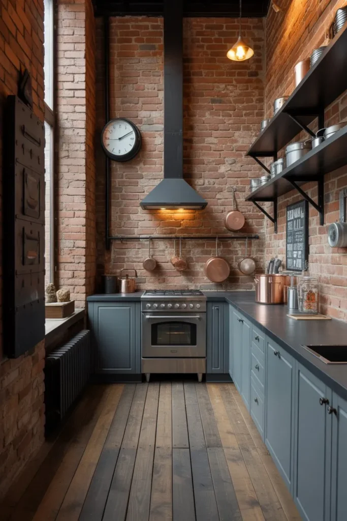 21 Narrow Kitchen Ideas to Maximize Every Inch Smartly Industrial Brick and Steel Corridor