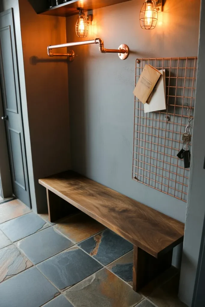 19 Mudroom Ideas for Small Spaces That Stay Organized Industrial Copper and Slate Station