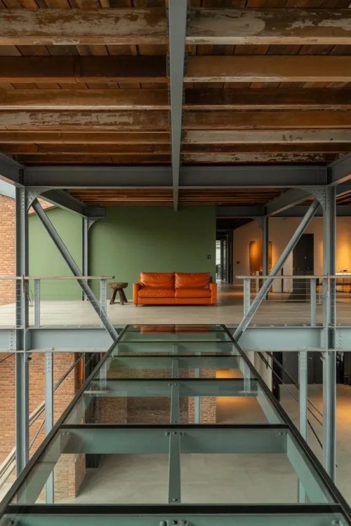27 Sage Green Living Room Ideas for a Calm Aesthetic Industrial Loft Glass Floor Bridge