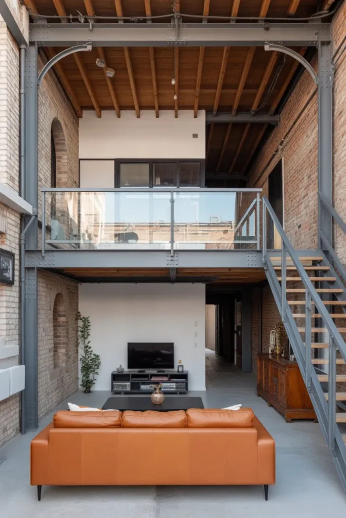 27 Split Level Living Room Ideas for a Modern Flow Industrial-Loft-Glass-Floor-Bridge.webp