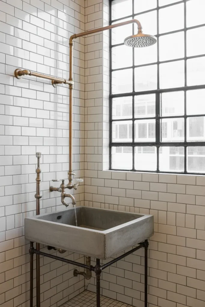 13 Vintage Bathroom Ideas for a Timeless Elegant Look Industrial Subway Tile and Brass Works