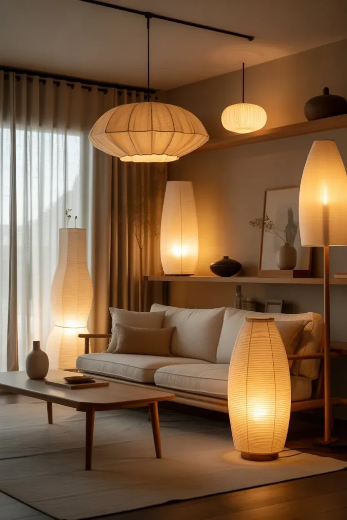 Japandi Living Room with Layered Lighting Strategy