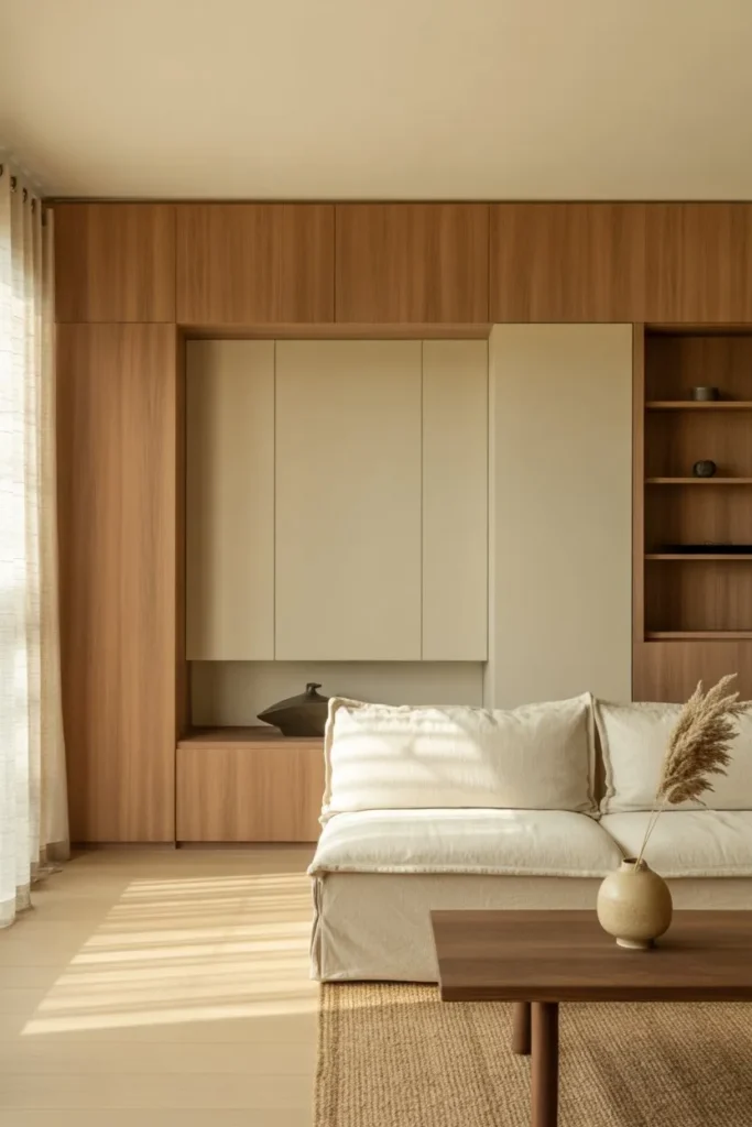 Japandi Living Room with Low Visual Clutter Storage