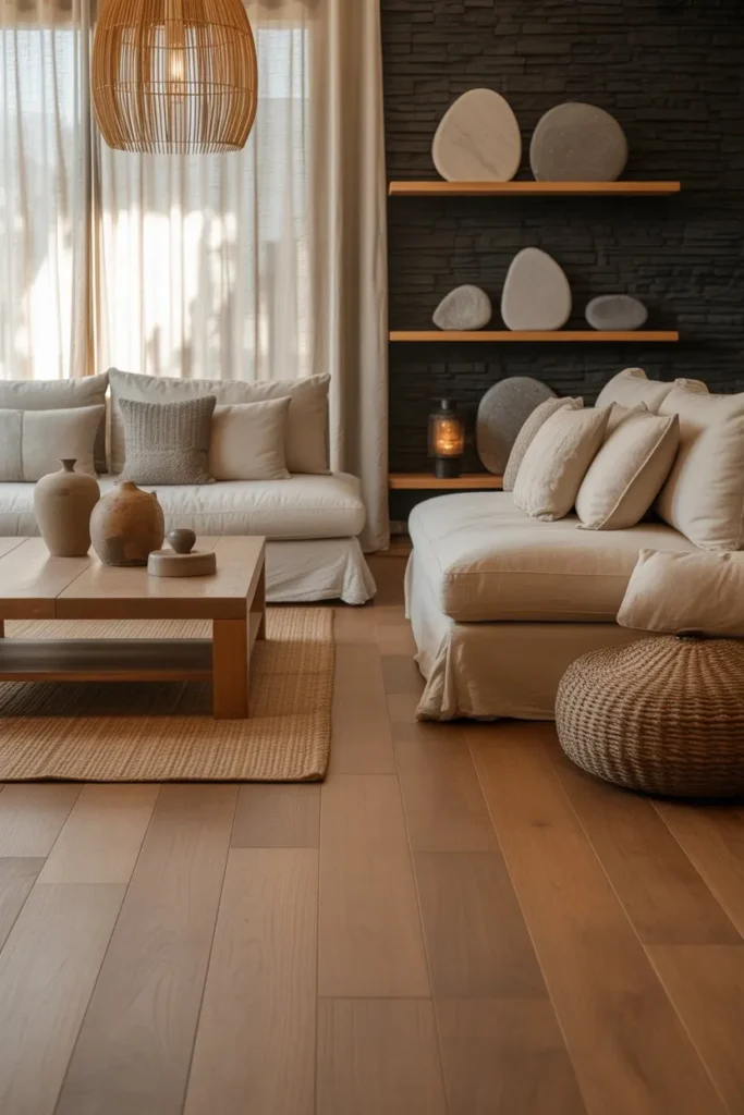 Japandi Living Room with Mixed Natural Materials