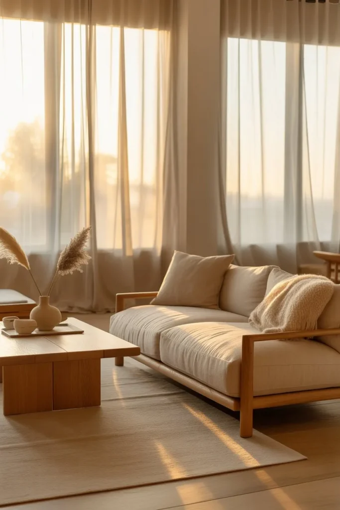 Japandi Living Room with Soft Minimal Window Treatments