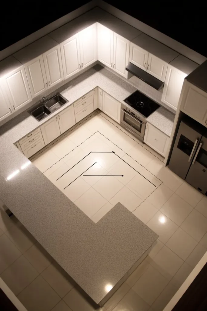L-Shaped Kitchen with Island Work Triangle Optimization