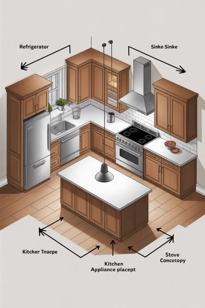 L-Shaped Kitchen with Island and Appliance Placement Strategy