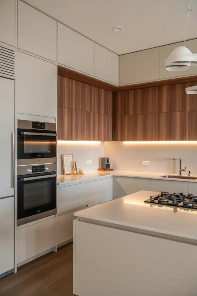 L-Shaped Kitchen with Island and Built-In Appliances