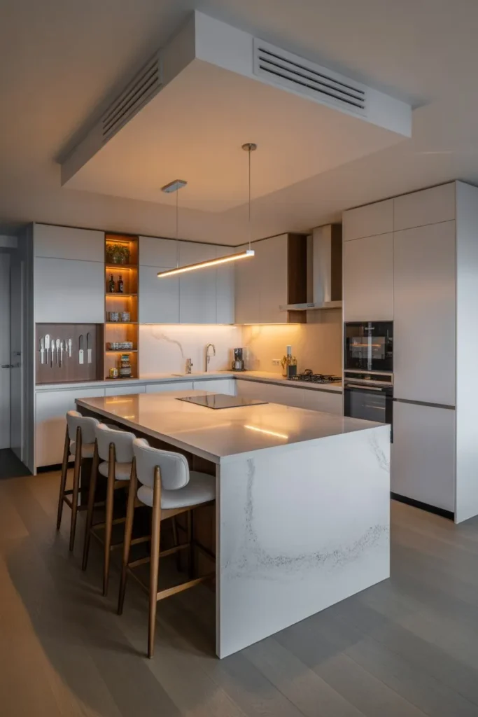 L-Shaped Kitchen with Island and Dual Function Zones