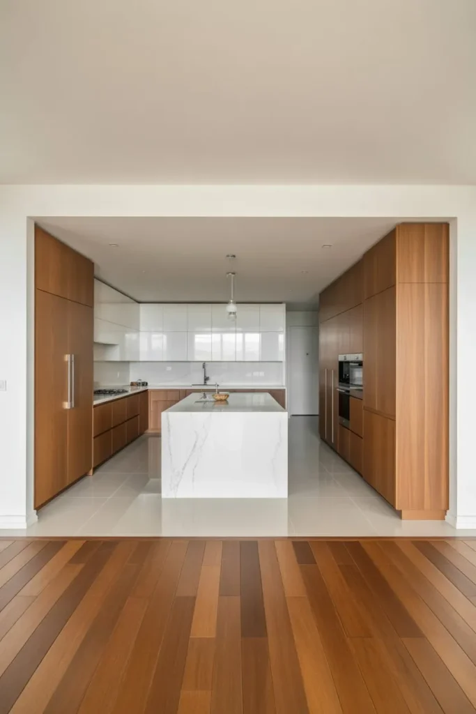 L-Shaped Kitchen with Island and Flooring Continuity