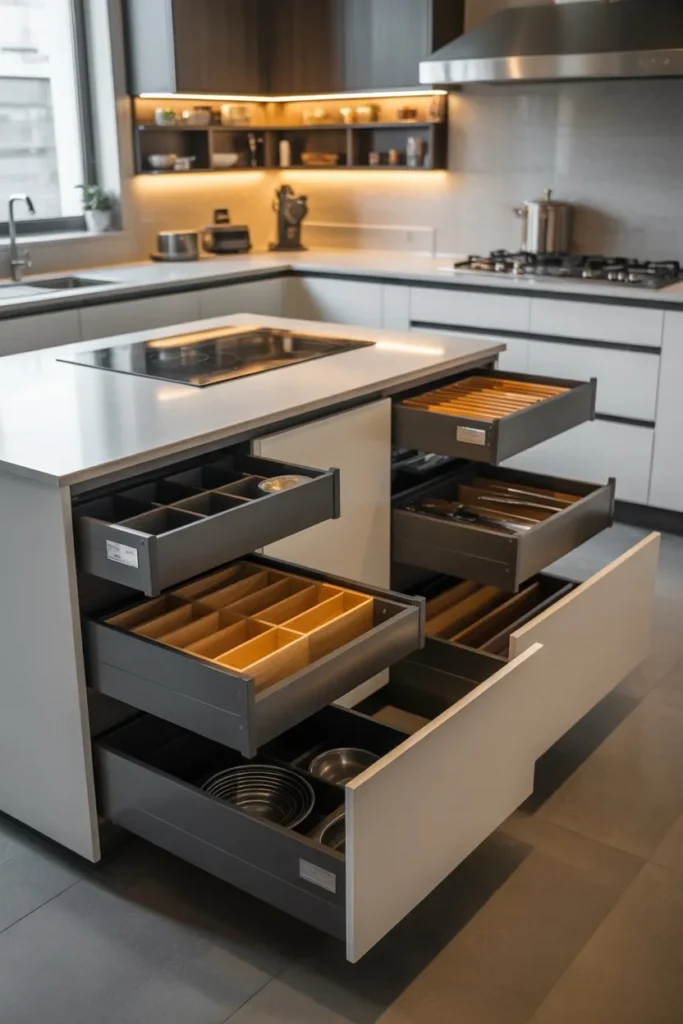 L-Shaped Kitchen with Island and Hidden Storage