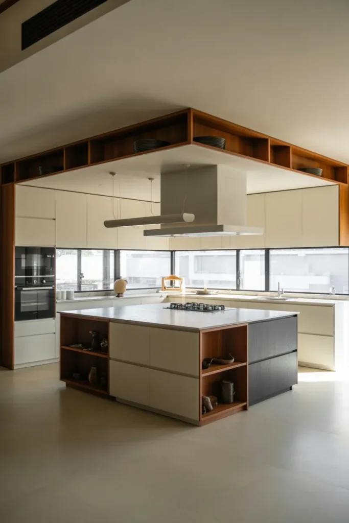 L-Shaped Kitchen with Island and Lighting Layers