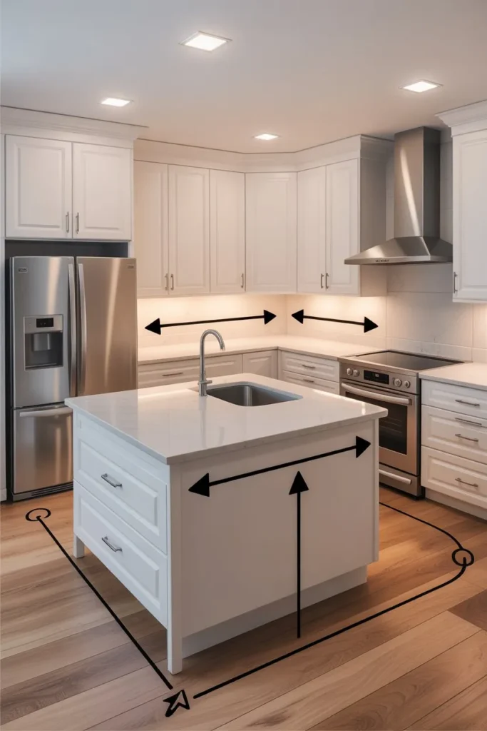 L-Shaped Kitchen with Island and Open Shelving Balance