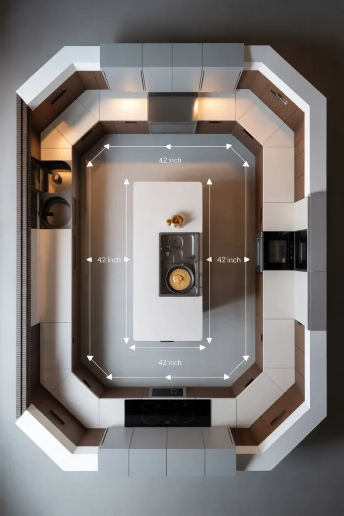 L-Shaped Kitchen with Island and Walkway Clearance Planning