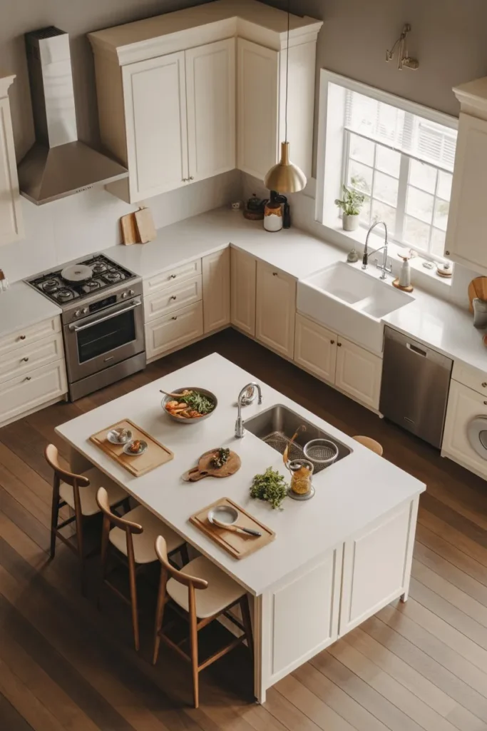 L-Shaped Kitchen with Island and Zoned Layout