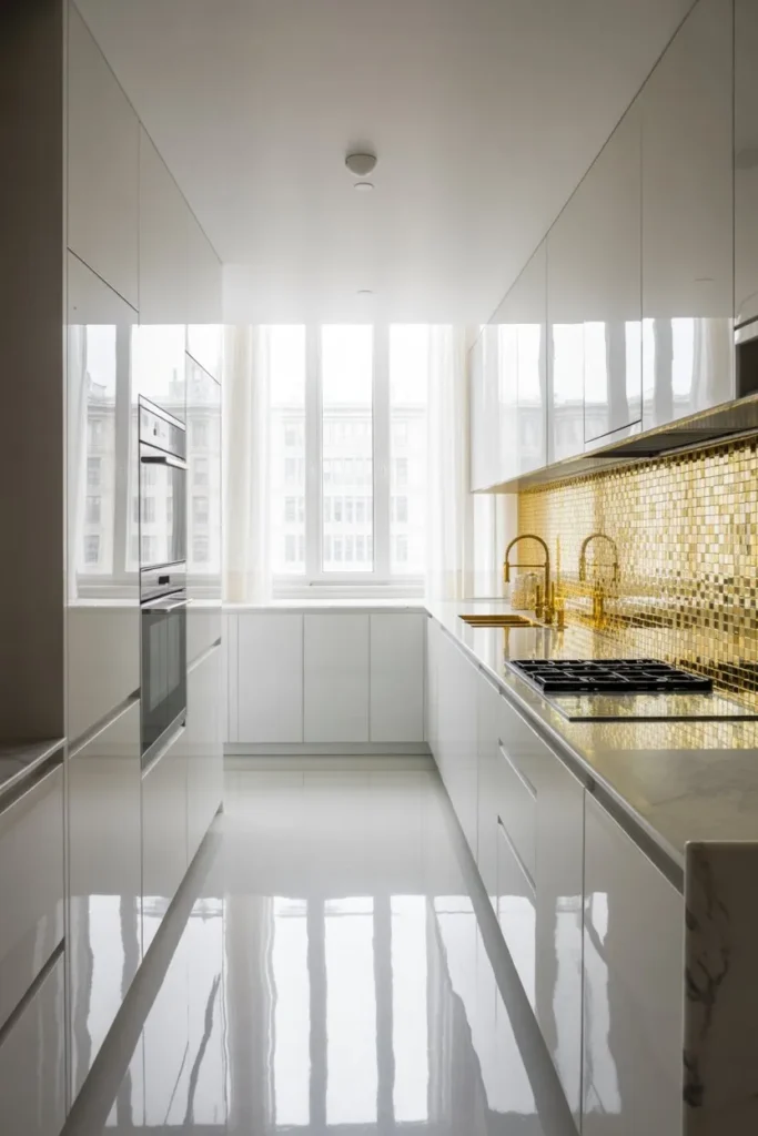 21 Narrow Kitchen Ideas to Maximize Every Inch Smartly Luxury Penthouse Gold and Marble