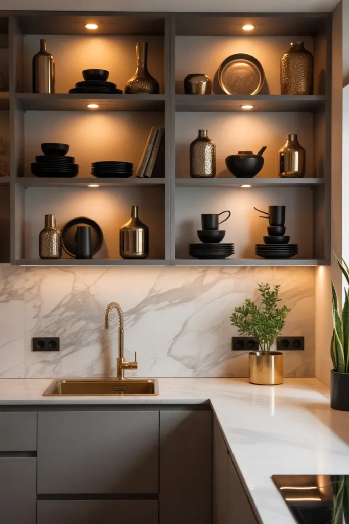 Luxury Shelf Styling with Metallic Accents