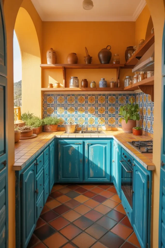 21 Narrow Kitchen Ideas to Maximize Every Inch Smartly Mediterranean Terracotta and Teal Haven