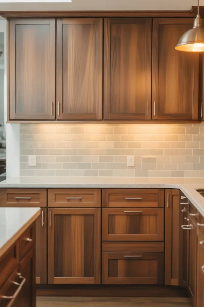 Medium Brown Cabinets with Neutral Backsplash