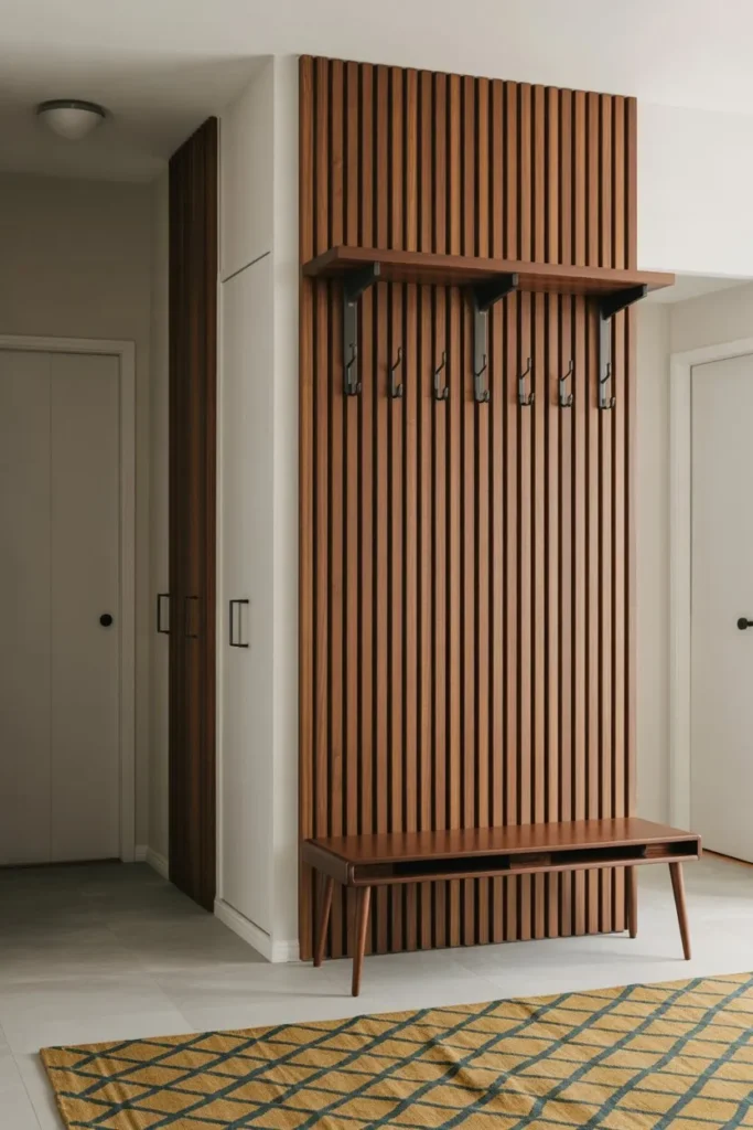 17 Small Mudroom Ideas for a Clean Entryway Look Mid-Century Modern Walnut Slats
