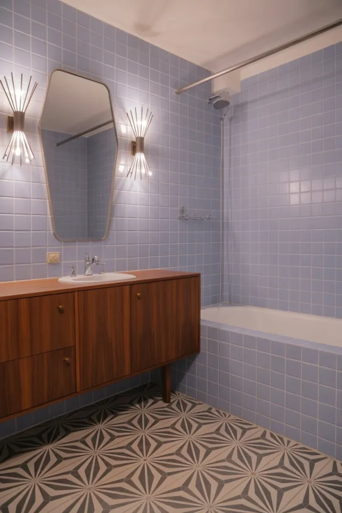 13 Vintage Bathroom Ideas for a Timeless Elegant Look Mid-Century Periwinkle and Walnut Suite
