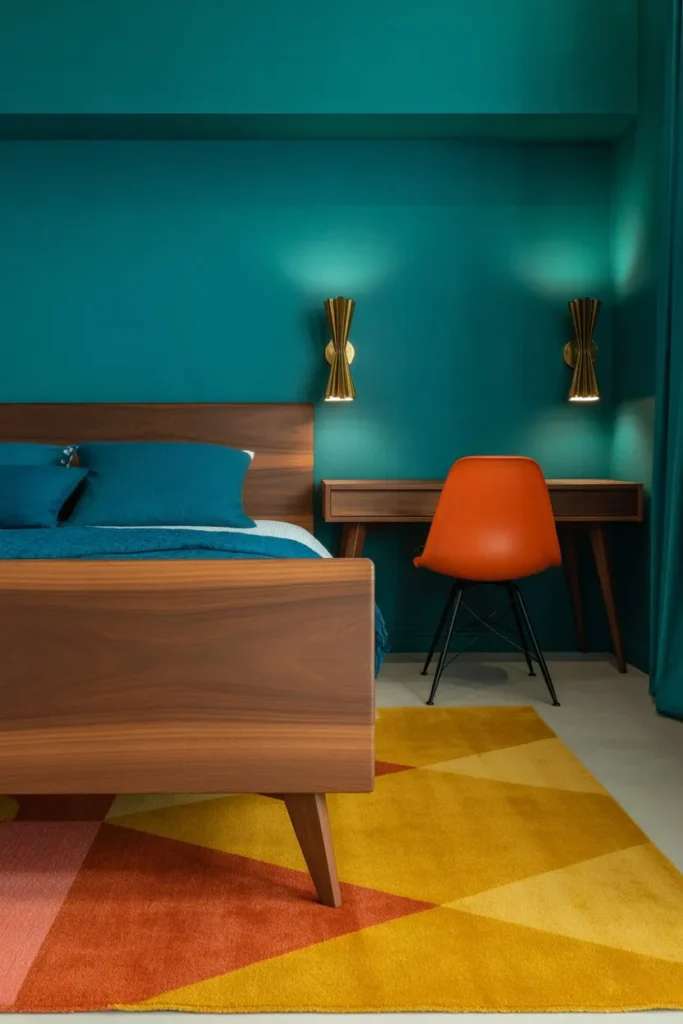 Mid-Century Teal and Walnut Suite