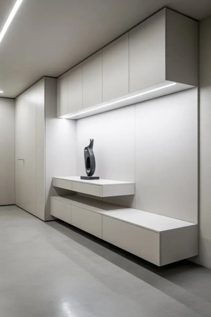 19 Mudroom Ideas for Small Spaces That Stay Organized Minimalist All-White Floating System