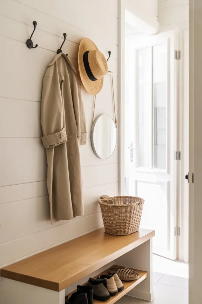 17 Small Mudroom Ideas for a Clean Entryway Look Minimalist Scandi Floating Bench