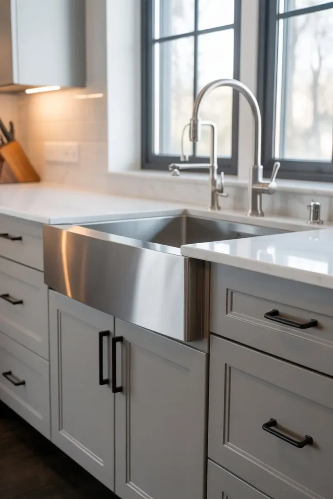 Mixed Metals Kitchen with Black Hardware and Stainless Steel Sink