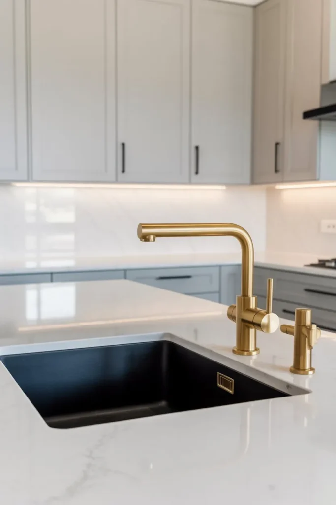 Mixed Metals Kitchen with Brass Faucet and Black Sink