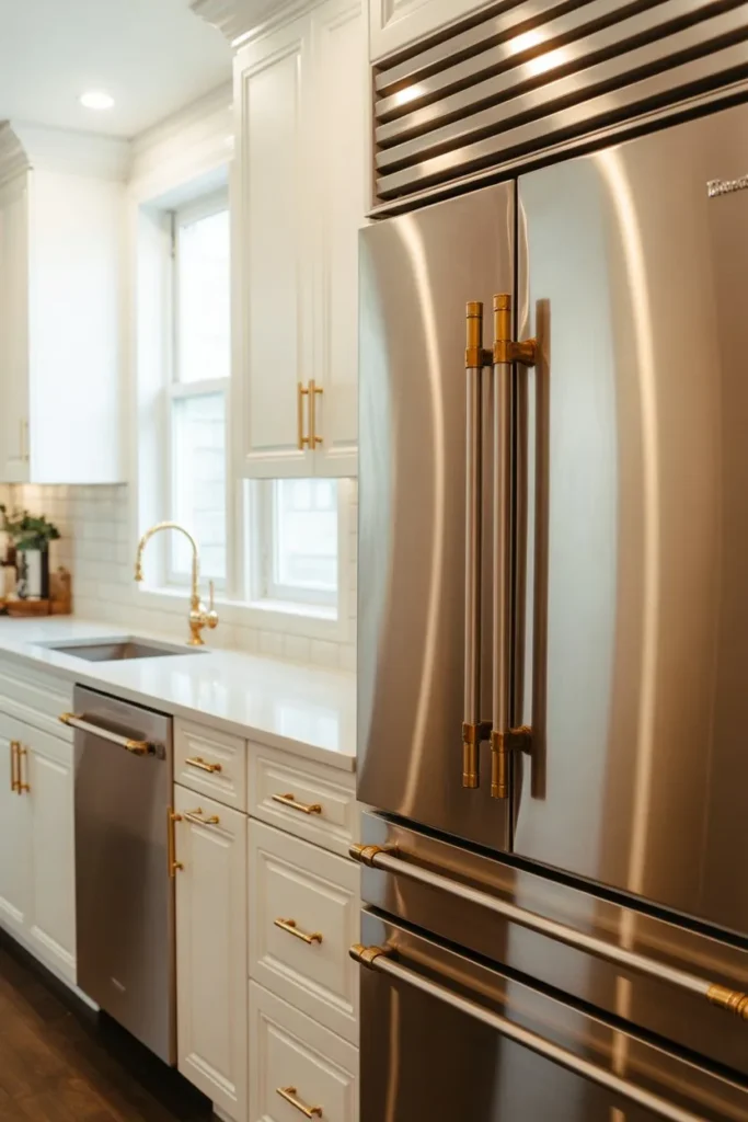 Mixed Metals Kitchen with Brass Handles and Stainless Steel Appliances