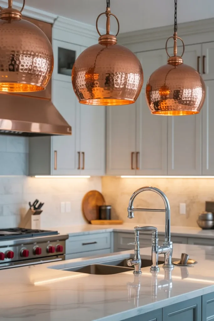 Mixed Metals Kitchen with Copper Pendant Lights and Chrome Fixtures