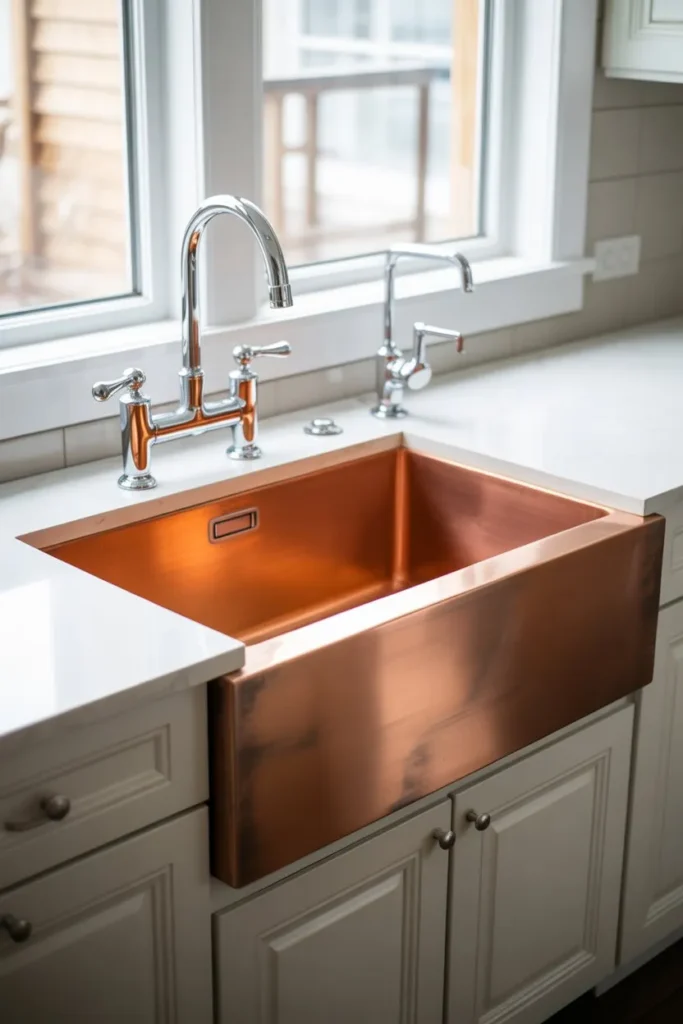 Mixed Metals Kitchen with Copper Sink and Chrome Fixtures