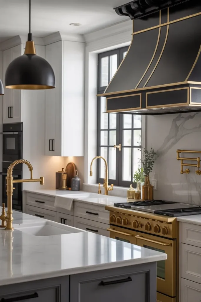 Mixed Metals Kitchen with Gold Fixtures and Matte Black Accents