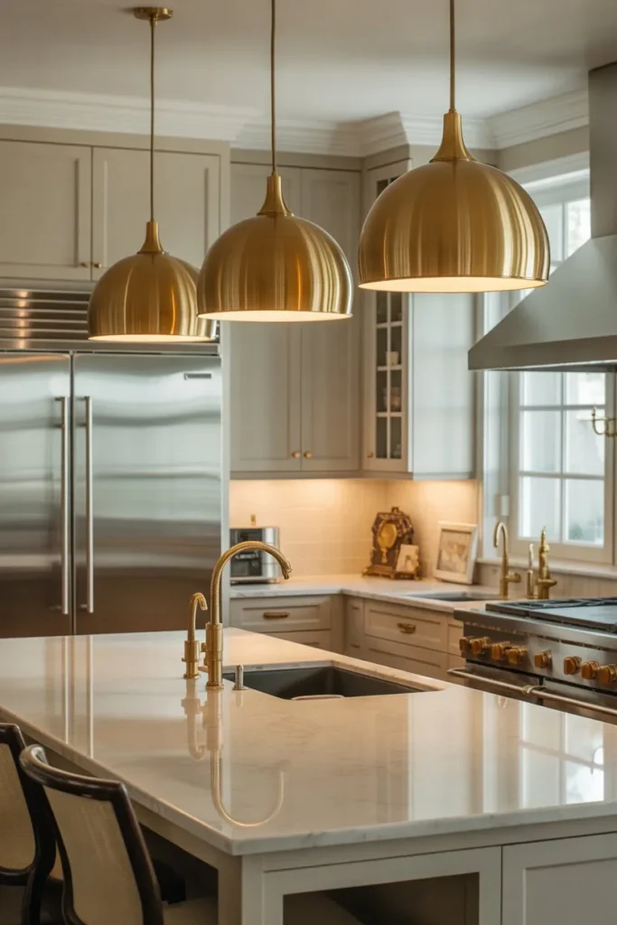 Mixed Metals Kitchen with Gold Lighting and Steel Appliances