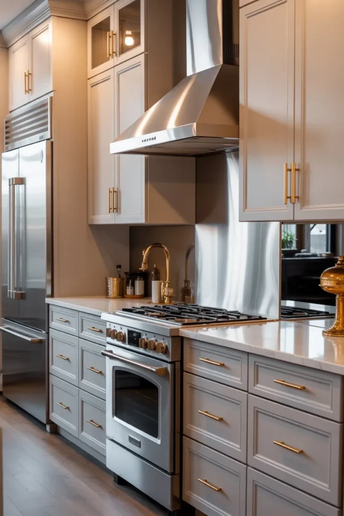 Mixed Metals Kitchen with Gold and Silver Cabinet Details