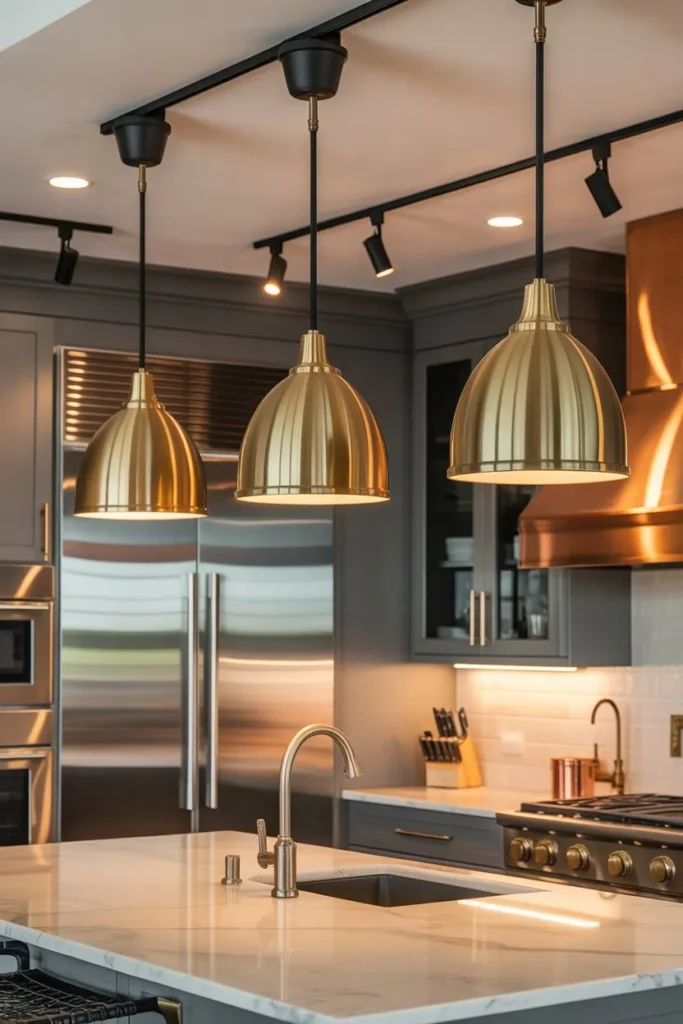 Mixed Metals Kitchen with Layered Lighting Fixtures