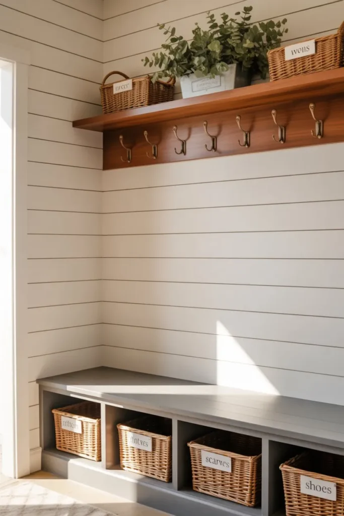 13 Mudroom Organization Ideas for a Clean Entryway Look Modern Farmhouse Shiplap Nook with Baskets