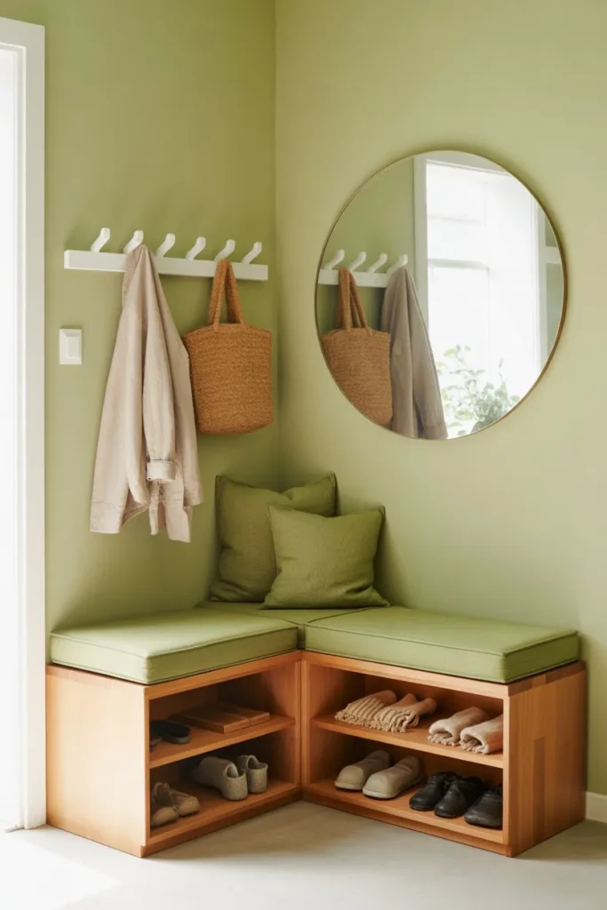 19 Mudroom Ideas for Small Spaces That Stay Organized Modern Sage Green Corner Bench