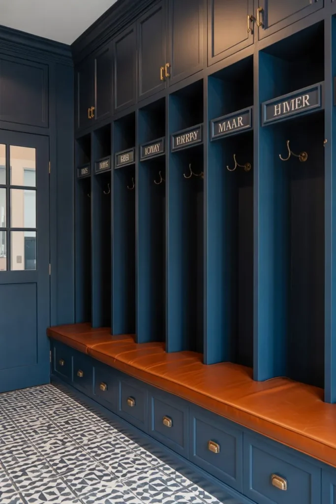 17 Small Mudroom Ideas for a Clean Entryway Look Moody Navy Built-in Cubby System
