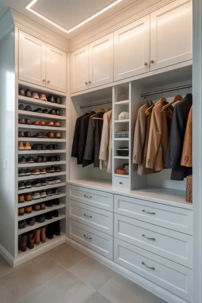 Mudroom Closet with Built-In Cabinets and Drawers