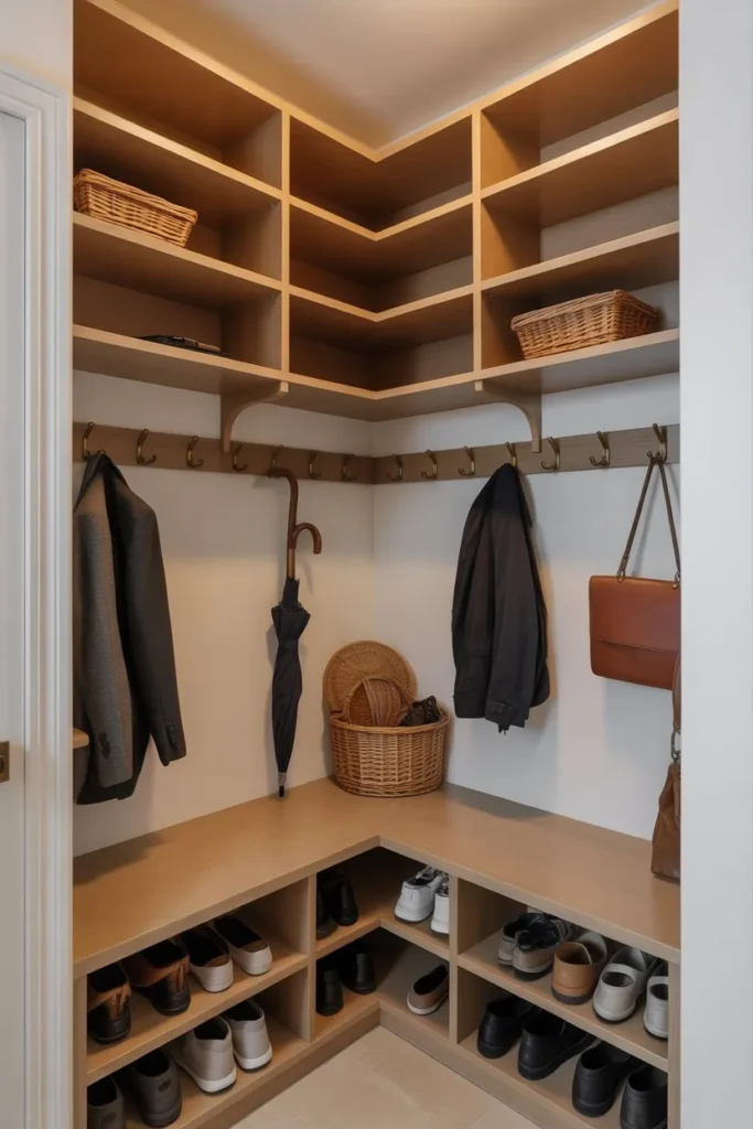 Mudroom Closet with Corner Storage Design